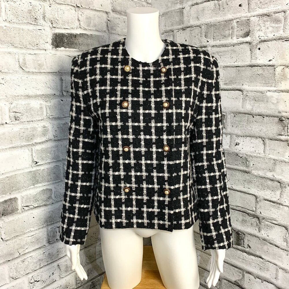 Vintage 80s 90s Louben Boucle Double Breasted Cropped Check Tweed Blazer
